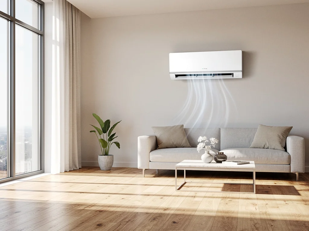 Ventilo-convecteur mural diffusant chaud et froid dans un séjour clair